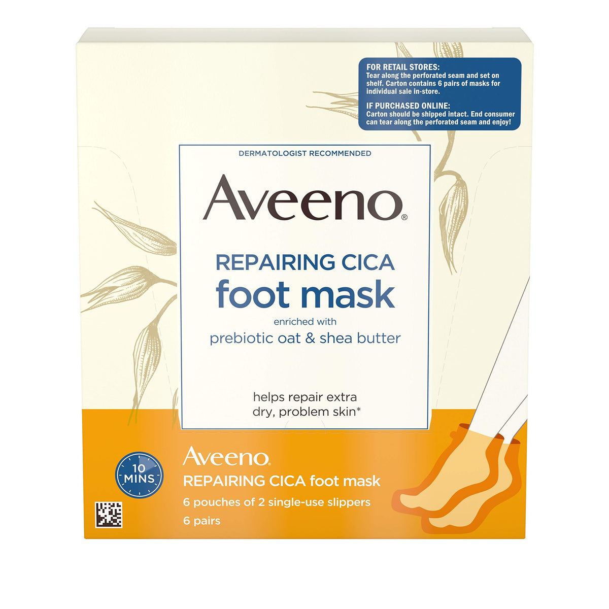 Aveeno Repairing CICA Foot Mask with Prebiotic Oat and Shea Butter, Moisturizing Foot Mask for Extra Dry Skin, 6 Pairs of Single-Use Slippers