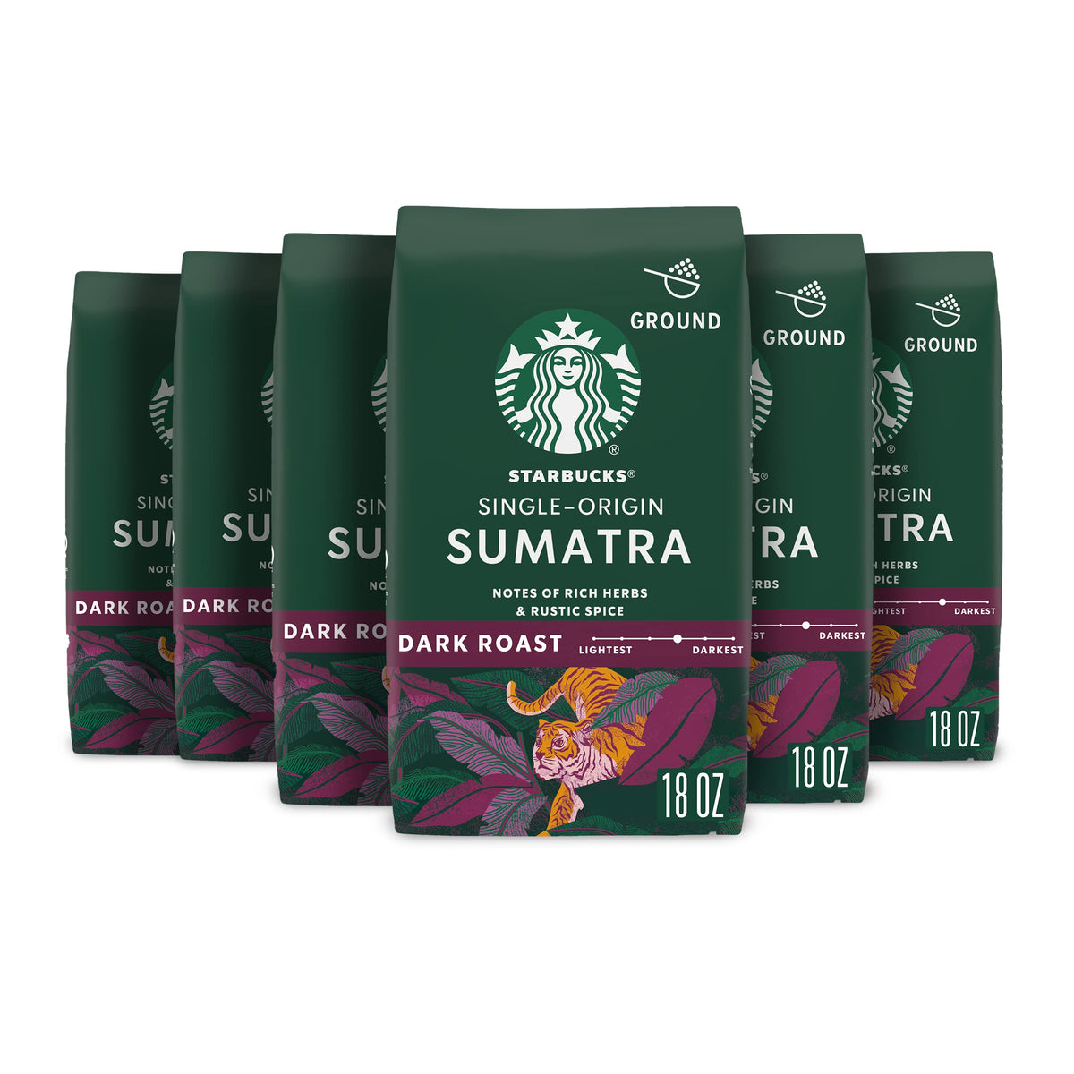 Starbucks Ground Coffee, Dark Roast Coffee, Sumatra, 100% Arabica, 6 bags (18 oz each)