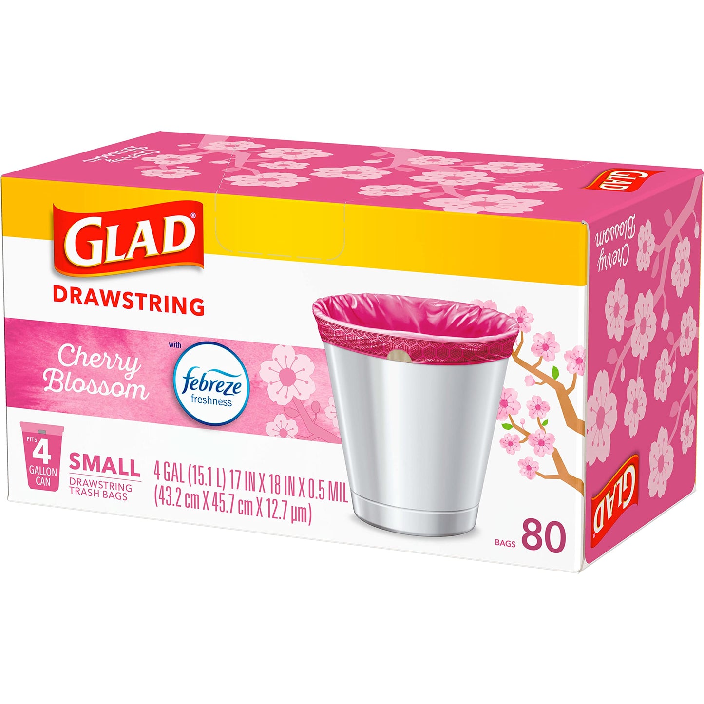 Glad Small Trash Bags 4 Gallon, Febreze Cherry Blossom Garbage Bags, Odor Resistant with Drawstring, 80 Count