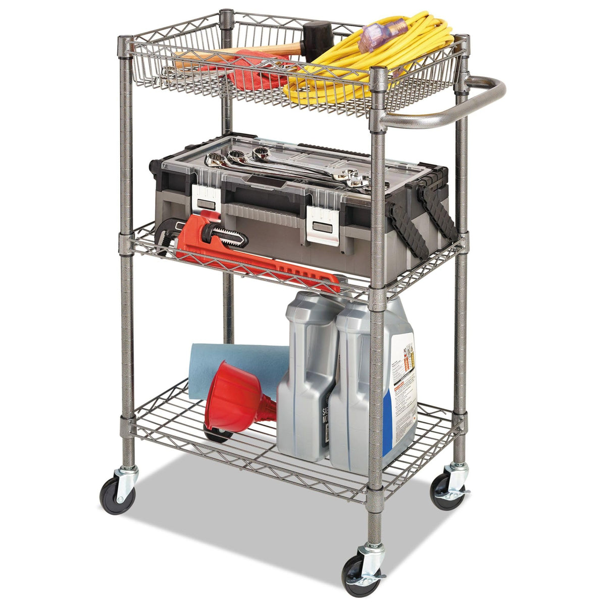Alera Three-Tier Wire Rolling Cart, 28w x 16d x 39h, Black Anthracite