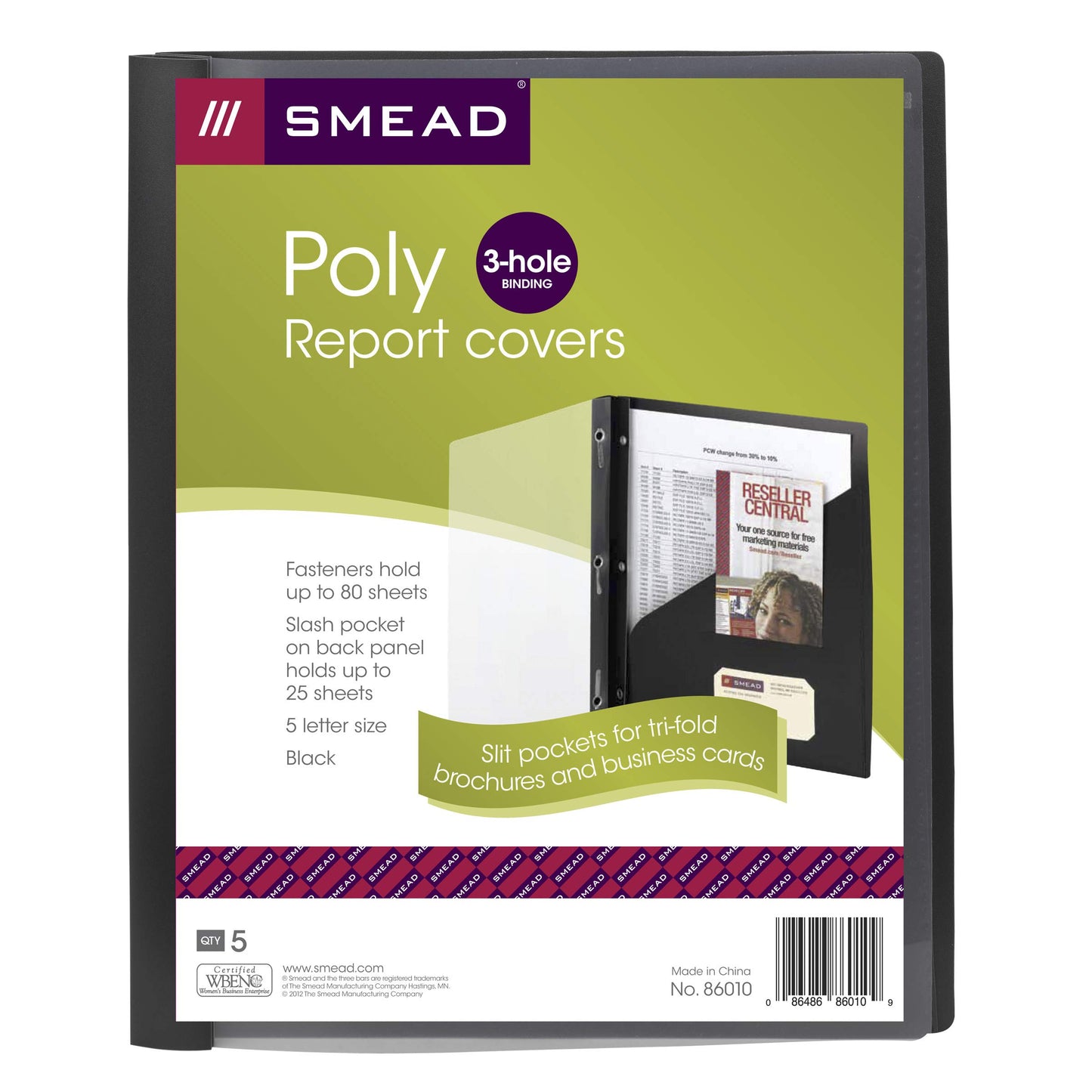 Smead Clear Front Poly Report Cover, Three Double Tang Side Fasteners, 1/2" Capacity, Letter Size, Black, 5 per Pack (86010)