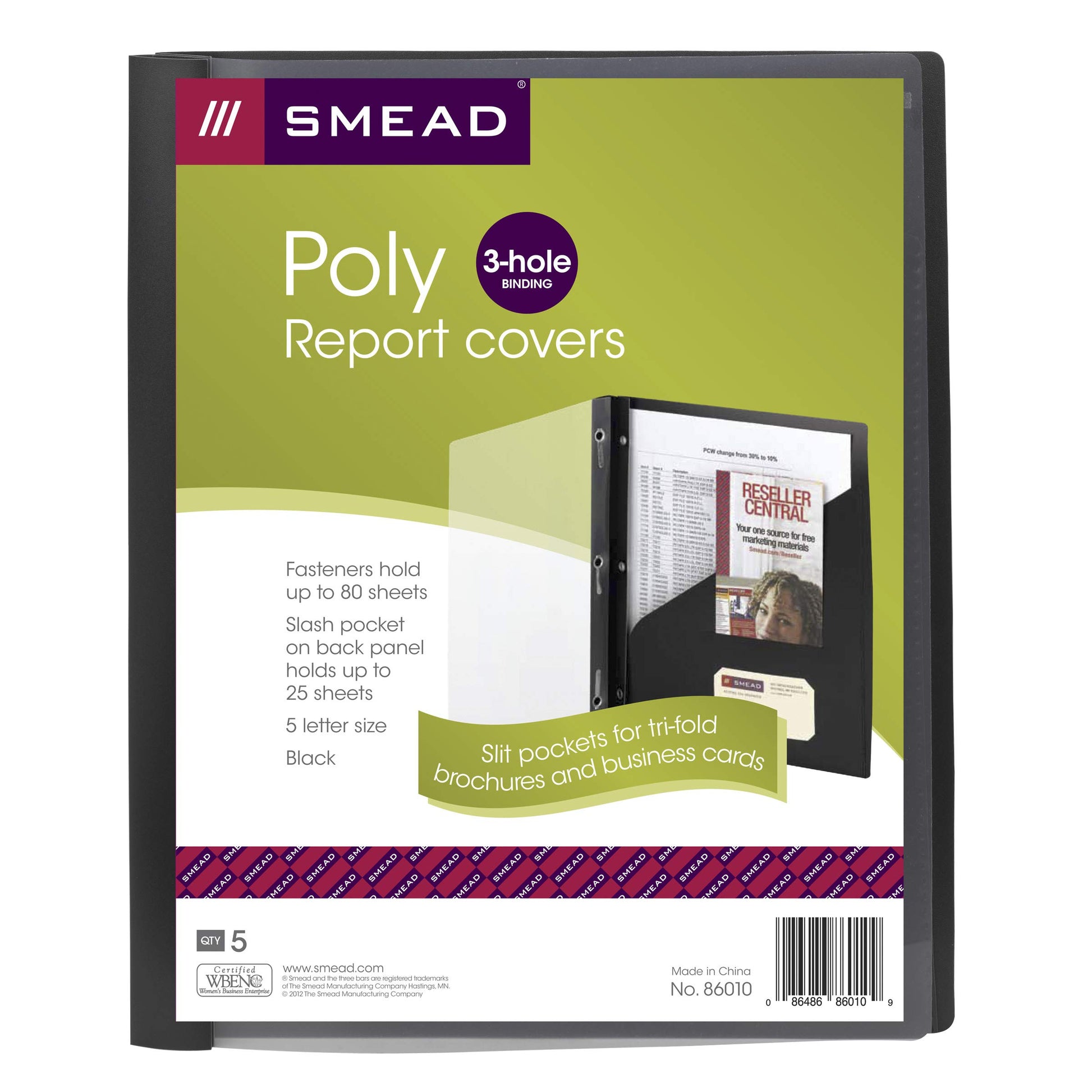 Smead Clear Front Poly Report Cover, Three Double Tang Side Fasteners, 1/2" Capacity, Letter Size, Black, 5 per Pack (86010)
