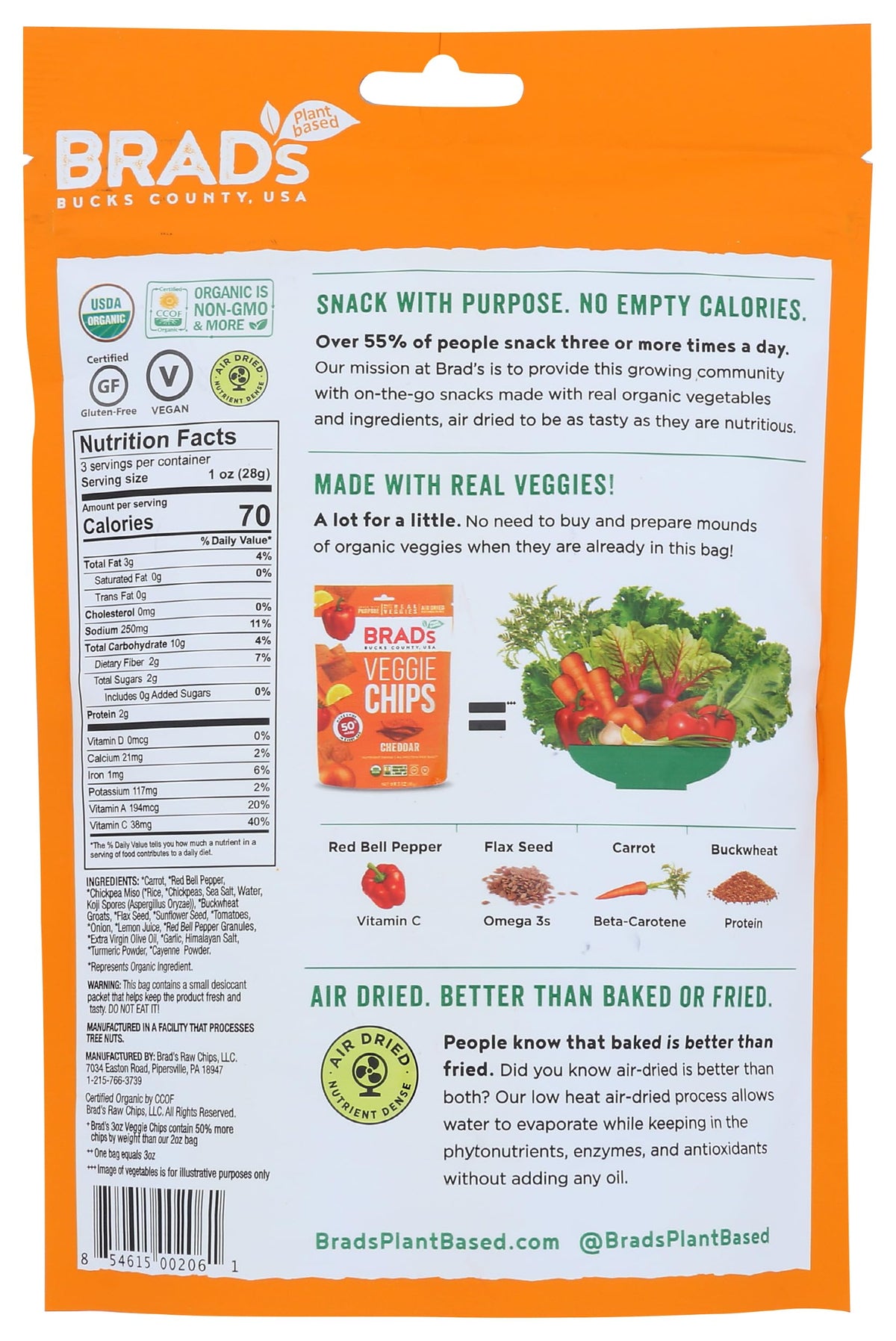 Brad's Raw Organic Gluten Free Chips, Cheddar, 3 Ounce