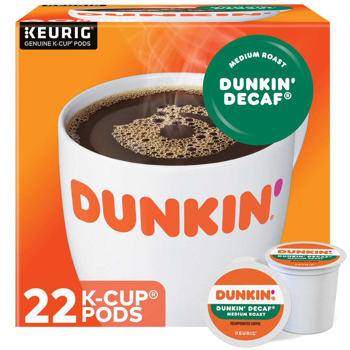 Dunkin' Decaf Medium Roast Coffee, 22 Keurig K-Cup Pods