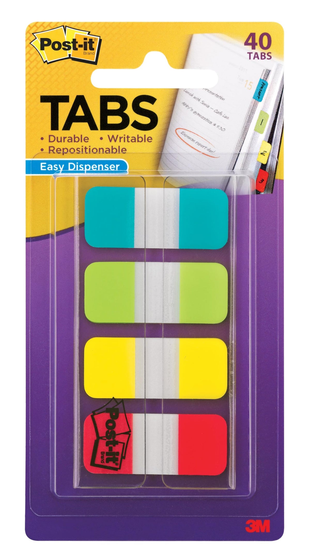 Post-it Tabs, .625 in Solid, Aqua, Lime, Yellow, Red, 10/Color, 40/Dispenser (676-ALYR)