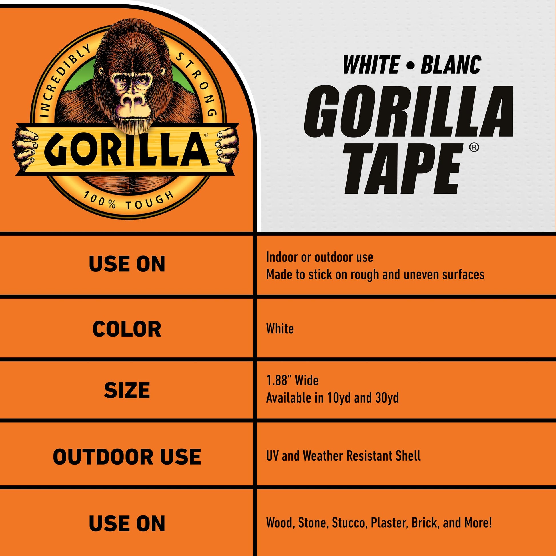 Gorilla Tape, White Duct Tape, 1.88" x 30 yd, White, (Pack of 2)