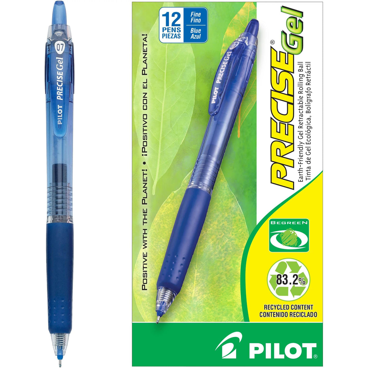 Pilot, Precise BeGreen, Refillable & Retractable Gel Roller Pens, Fine Point 0.7 mm, Blue, Pack of 12