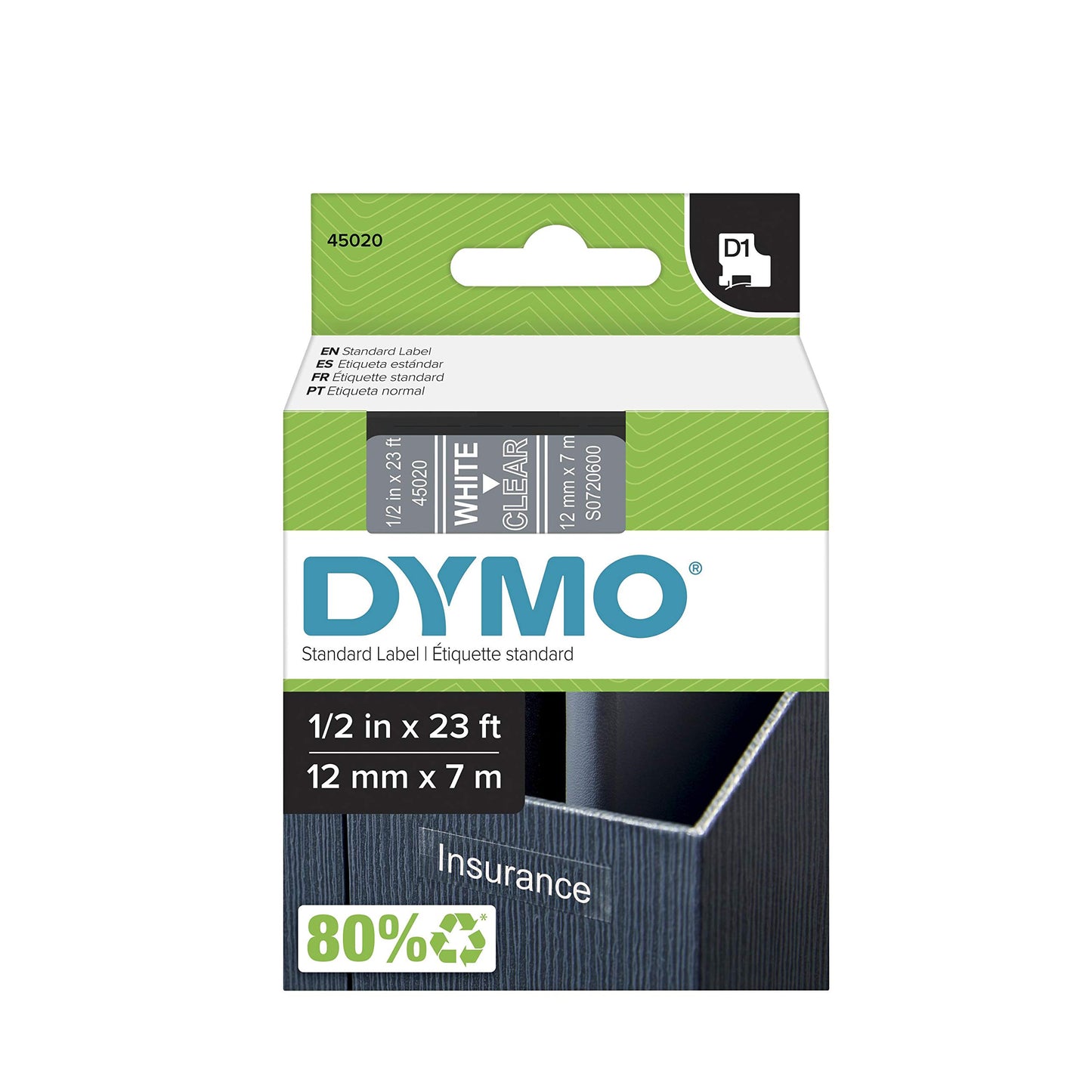 DYMO Standard D1 Labeling Tape for LabelManager Label Makers, White Print on Clear Tape, 1/2'' W x 23' L, 1 Cartridge