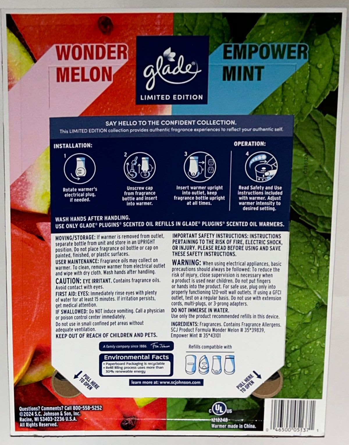 Glade Limited Edition Plugin Scents 6ct. Pack & 2 Oil Warmers - Wonder Melon 3ct. & Empower Mint 3ct, Electric Air Freshener, Glade Plugins, Glade Oil Warmers, Green, 046500051371