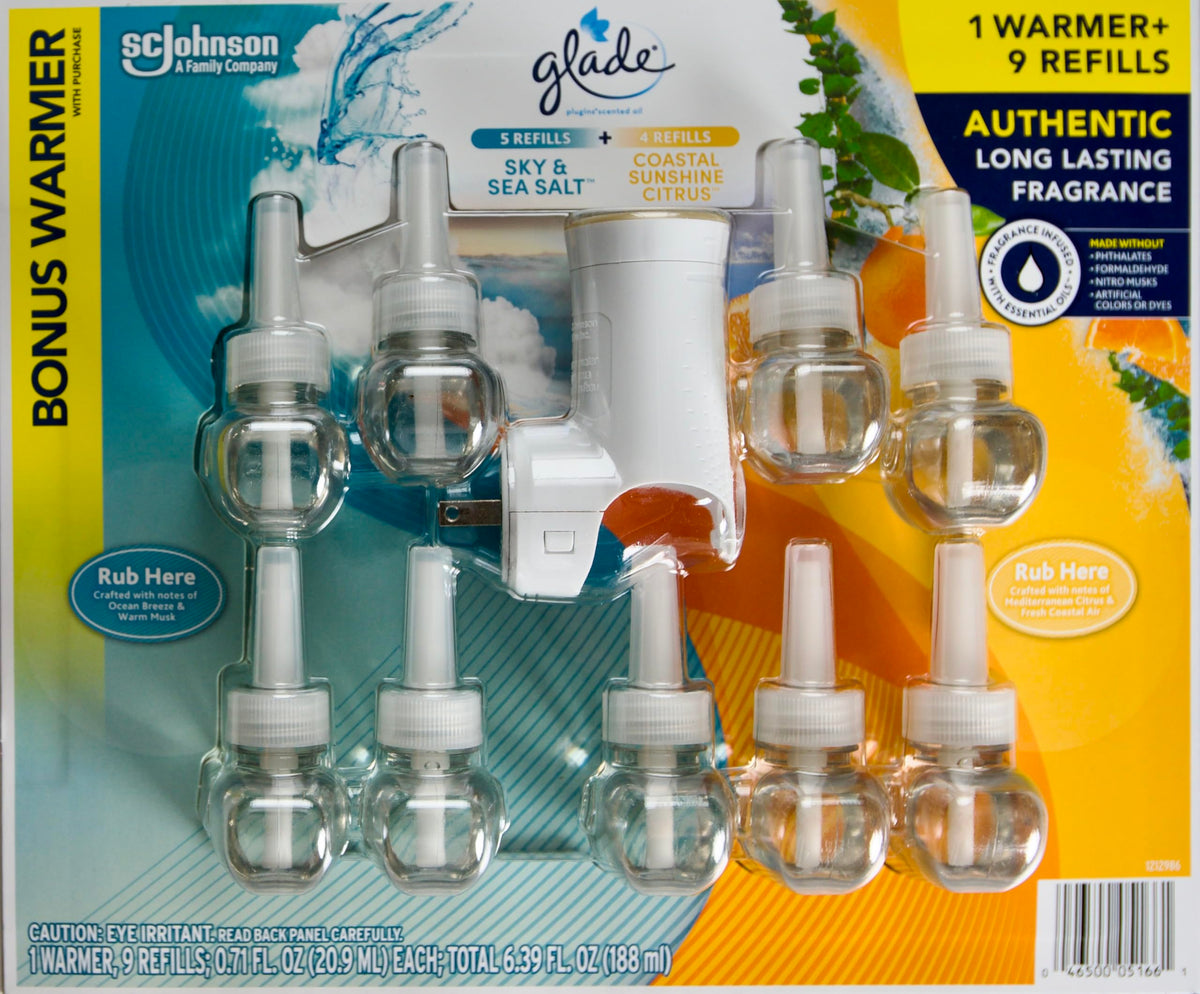 Glade Plugins Scented Oil Sky Sea Salt and Sunshine Citrus, 9 Refills + 1 Warmer, Blue Orange