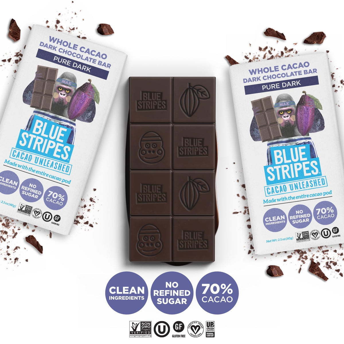 Blue Stripes Pure Dark Chocolate Bar, 2.1 OZ