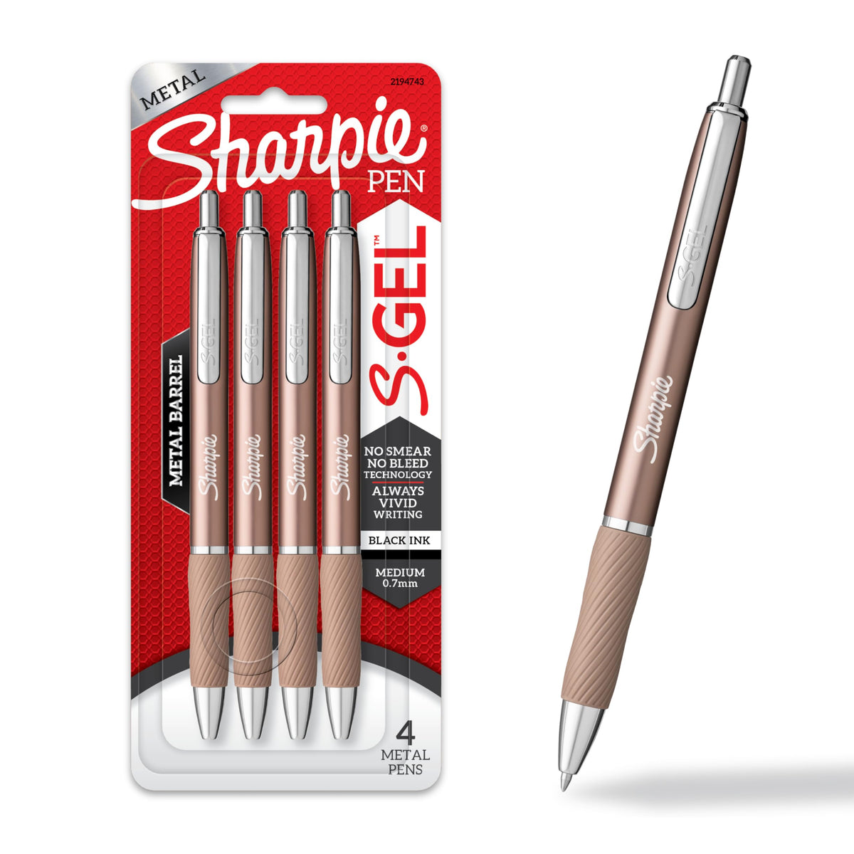 Sharpie S-Gel Gel Pens Sleek Metal Barrel Champagne Medium Point (0.7mm) Black Ink 4 Count