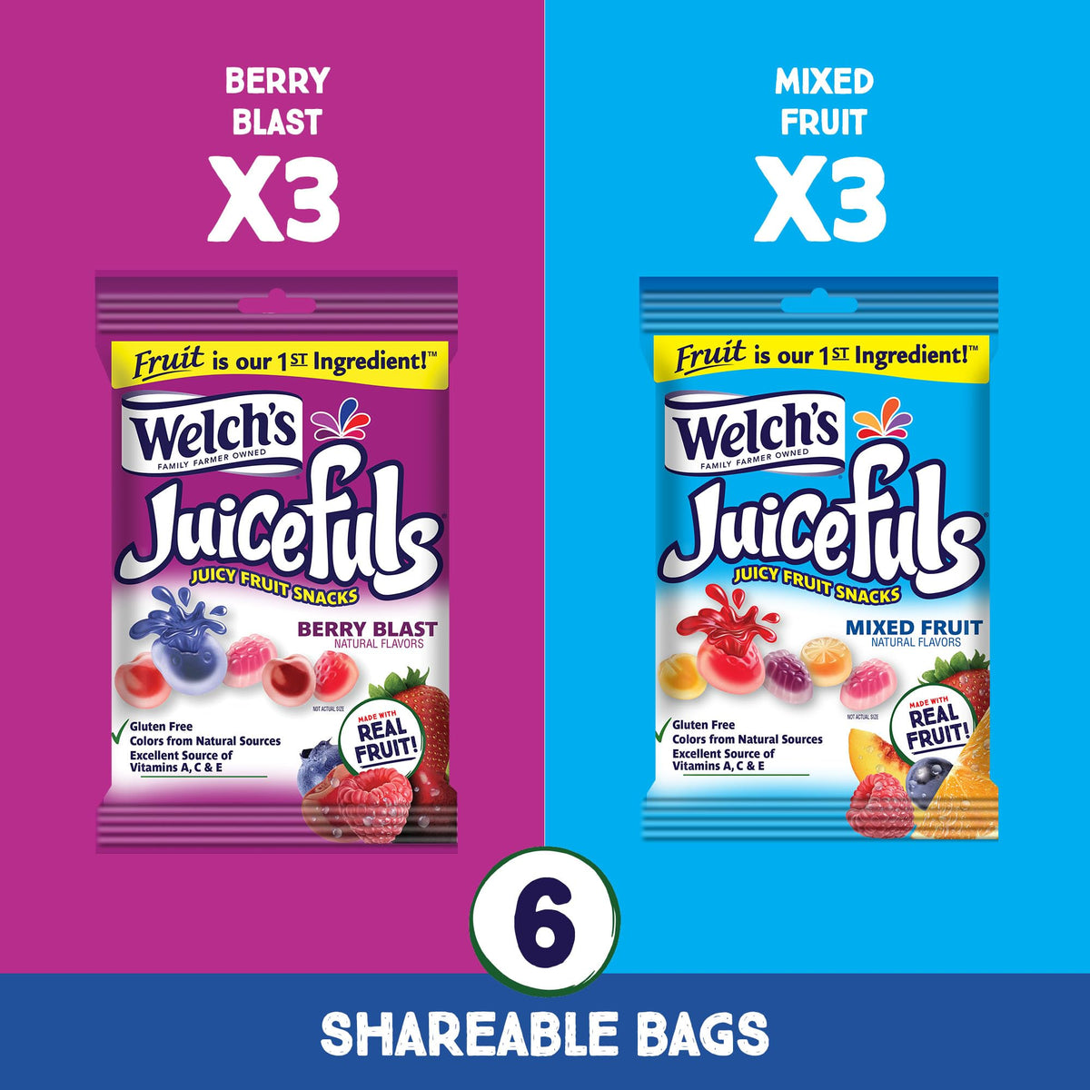Welch's Juicefuls Juicy Fruit Snacks, Mixed Fruit & Berry Blast Fruit Gushers Variety Pack, Perfect for School Lunches, Gluten Free, 4 oz Sharing Size Bags (Pack of 6)