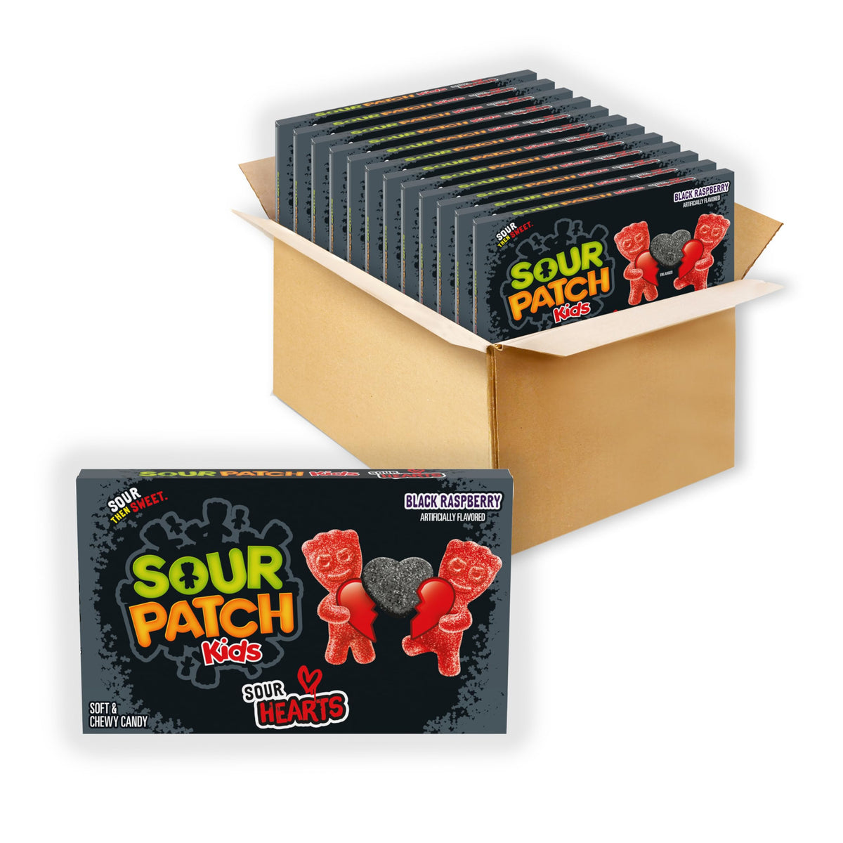 SOUR PATCH KIDS Sour Hearts Black Raspberry Soft & Chewy Candy, Valentines Day Candy, Bulk Candy, 12 - 3.08 oz Boxes
