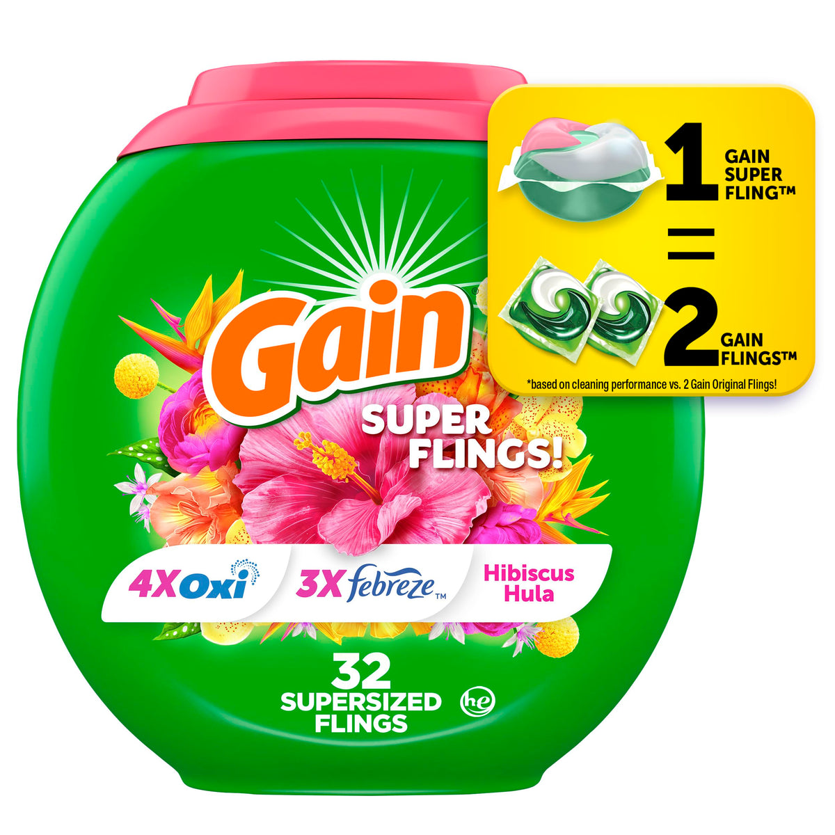 Gain Super Sized Flings Laundry Detergent Pacs, 32 Count, Hibiscus Hula Scent
