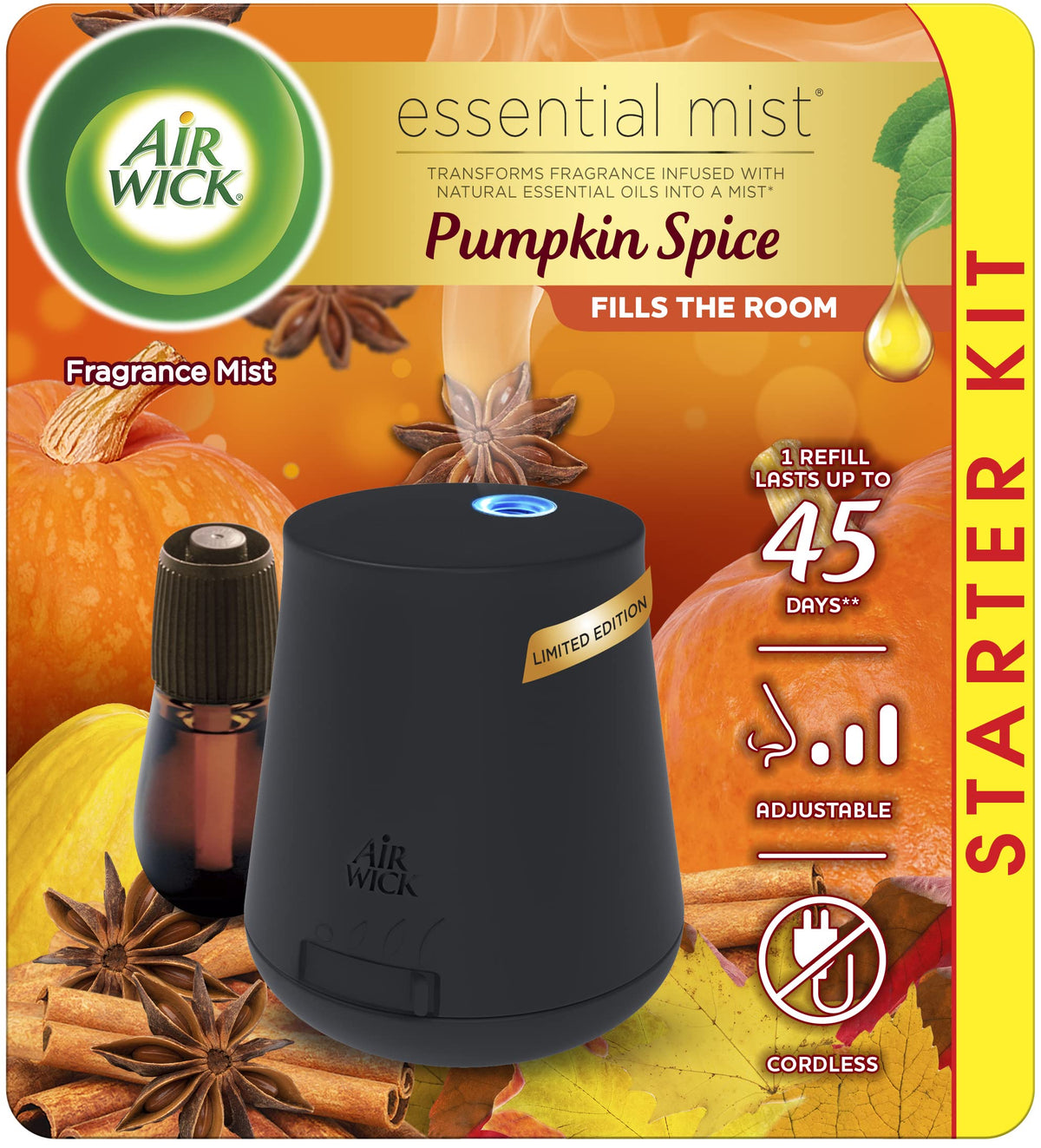 Air Wick Essential Mist Starter Kit (Diffuser + Refill), Pumpkin Spice, Fall scent, Fall spray, Essential Oils Diffuser, Air Freshener