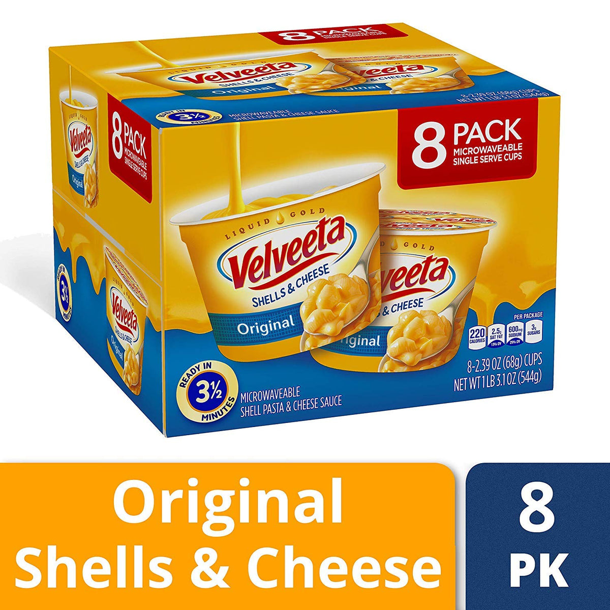 Velveeta Shells & Cheese Pasta, Original, Single Serve Microwave Cups, 8Count 2 Pack