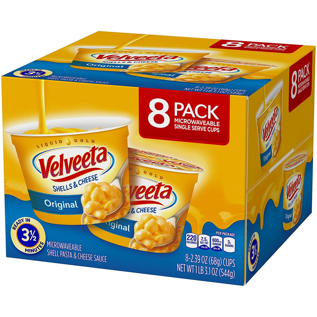 Velveeta Shells & Cheese Pasta, Original, Single Serve Microwave Cups, 8Count 2 Pack