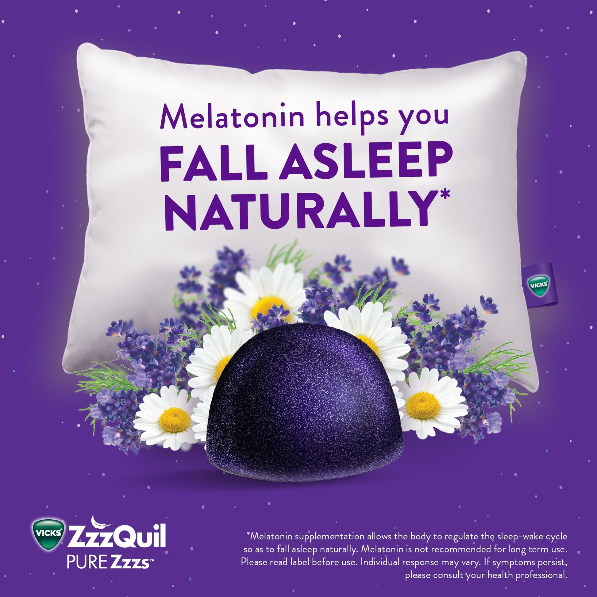 ZzzQuil PURE Zzzs Melatonin Sleep Aid Gummies, Helps You Fall Asleep Naturally, Wildberry Vanilla Flavor, Chamomile Lavender & Valerian Root, 1mg per gummy, 24 Count