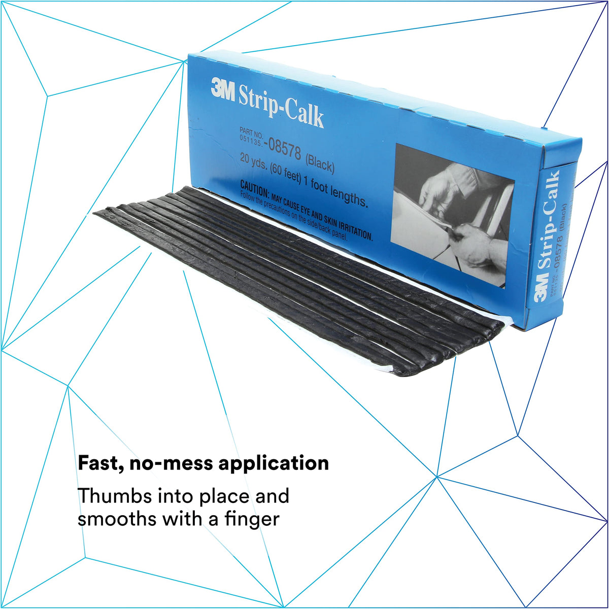 3M Strip Calk, 08578, 1 ft Strips, Black, Soft Butyl Rubber, Permanent Elasticity, Joint Filling, Trunk Seams, 60 Pack