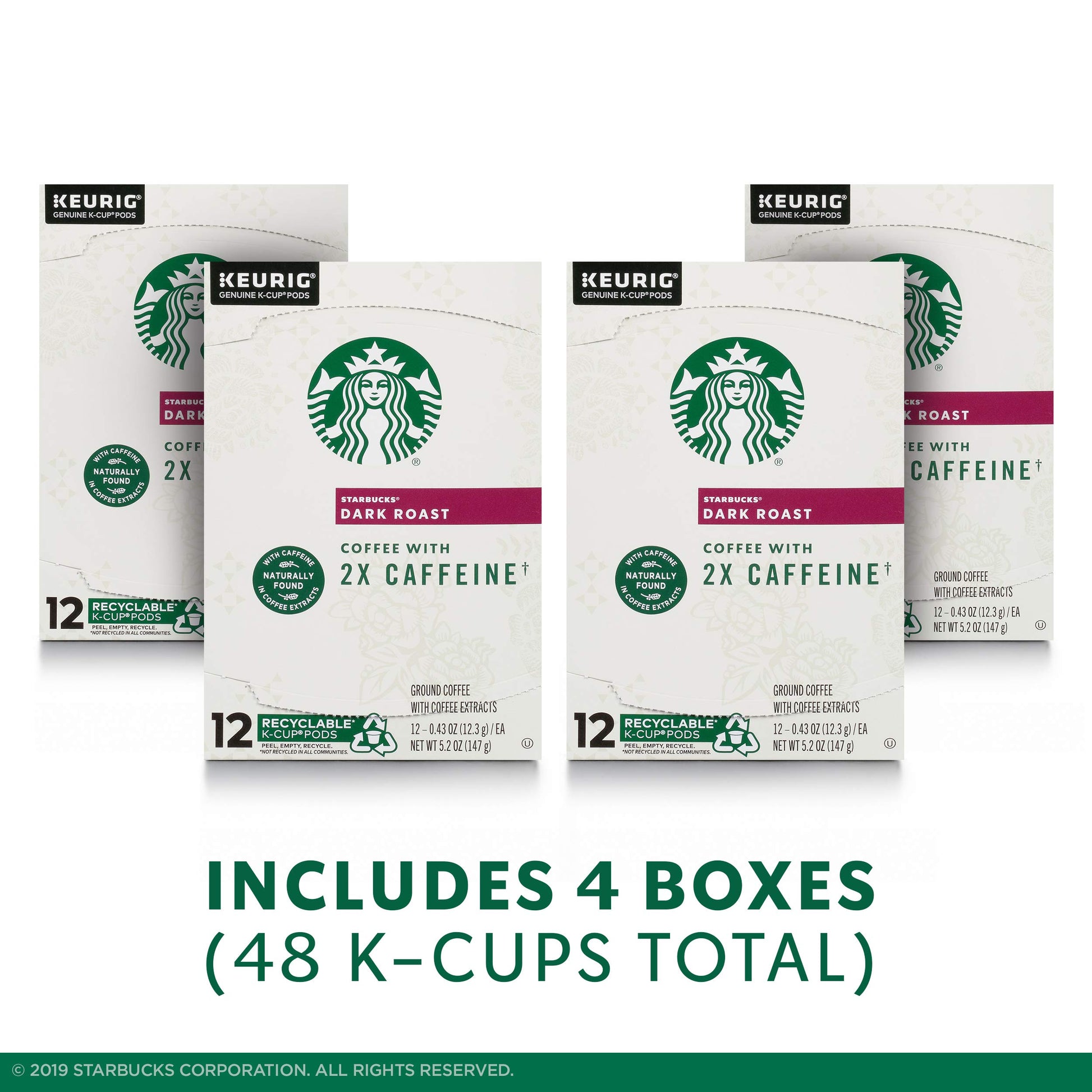 Starbucks Dark Roast K-Cup Coffee Pods with 2X Caffeine, for Keurig Brewers, 4 boxes (48 pods total)