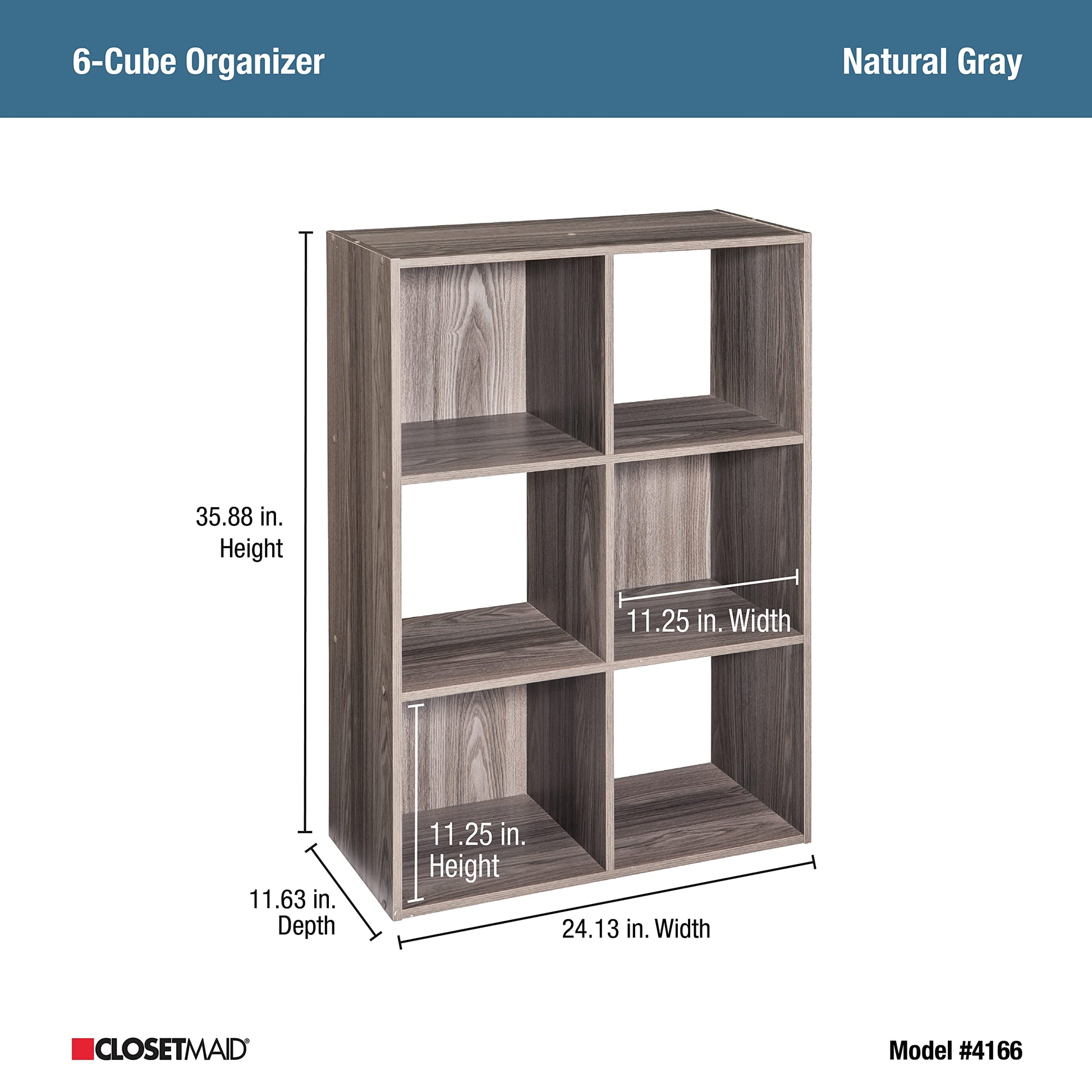 ClosetMaid Cubeicals 6 Cube Storage Shelf Organizer Bookshelf - Vertical & Horizontal Options, Easy Assembly - Natural Gray Wood Finish