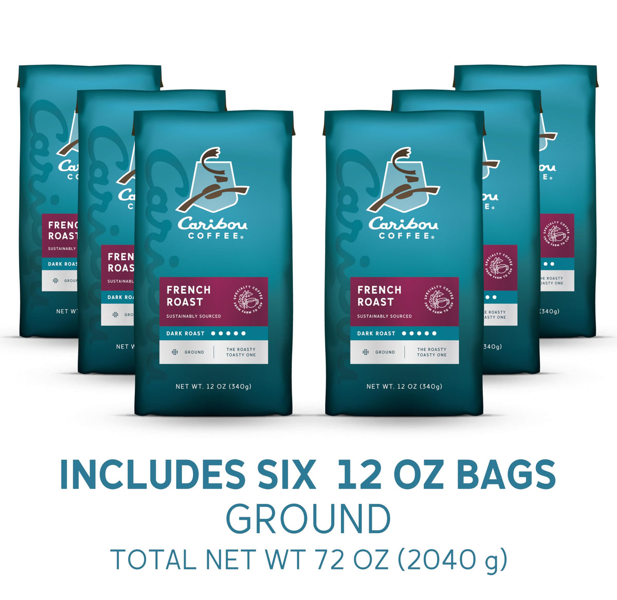 Caribou Coffee, Dark Roast Ground Coffee - French Roast 72 Ounces (6 Bags of 12 Ounces)