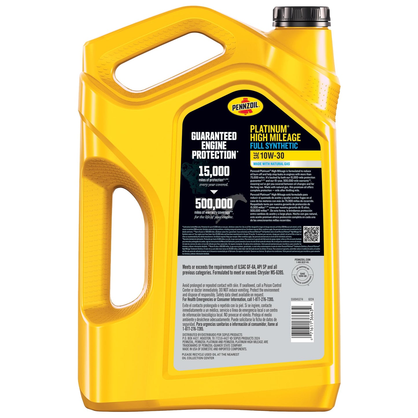 Pennzoil Platinum High Mileage Full Synthetic 10W-30 Motor Oil, 5 Quart (3 Pack)