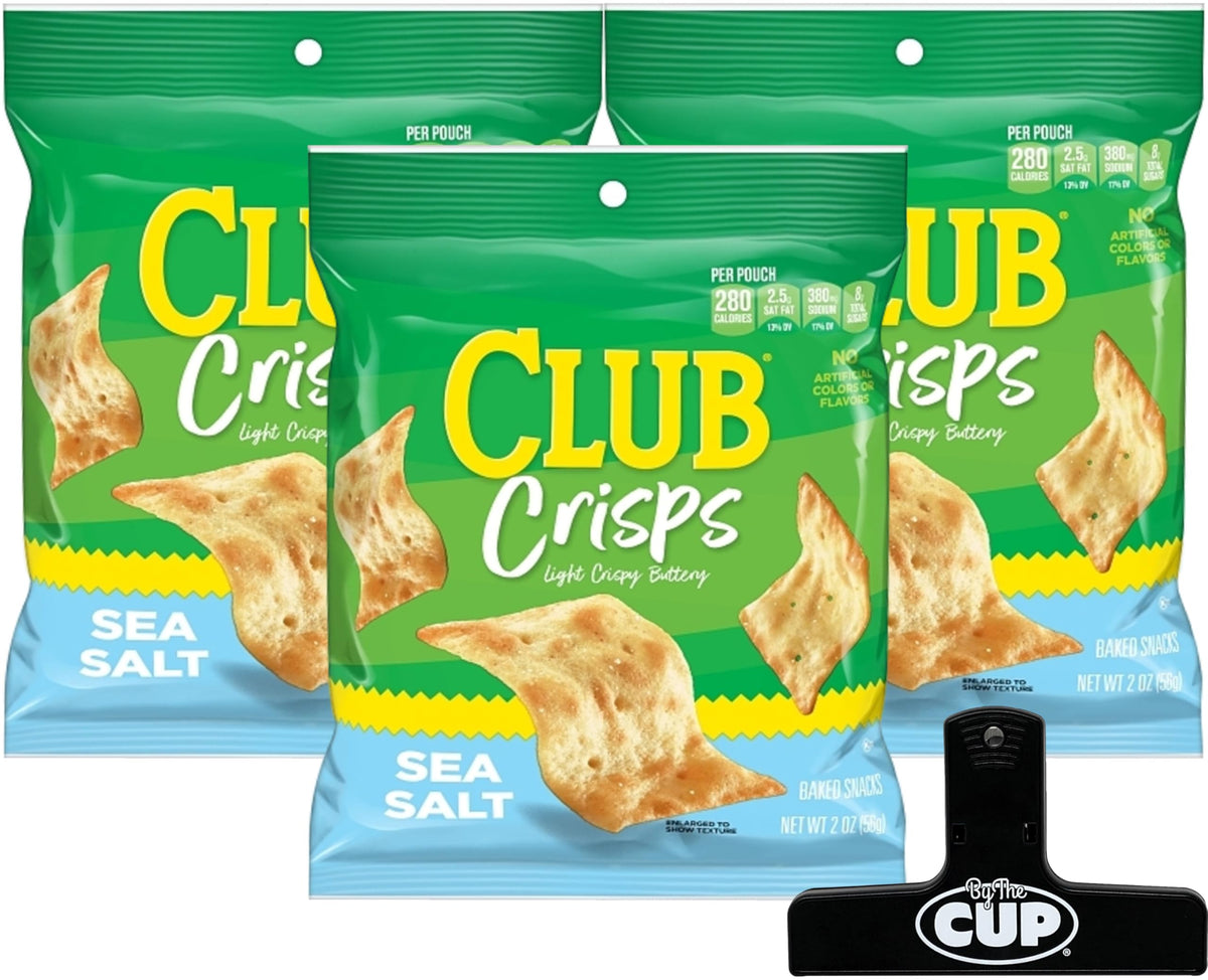 Kellogg's Club Crisp Sea Salt, 2 oz (Pack of 3) with By The Cup Bag Clip