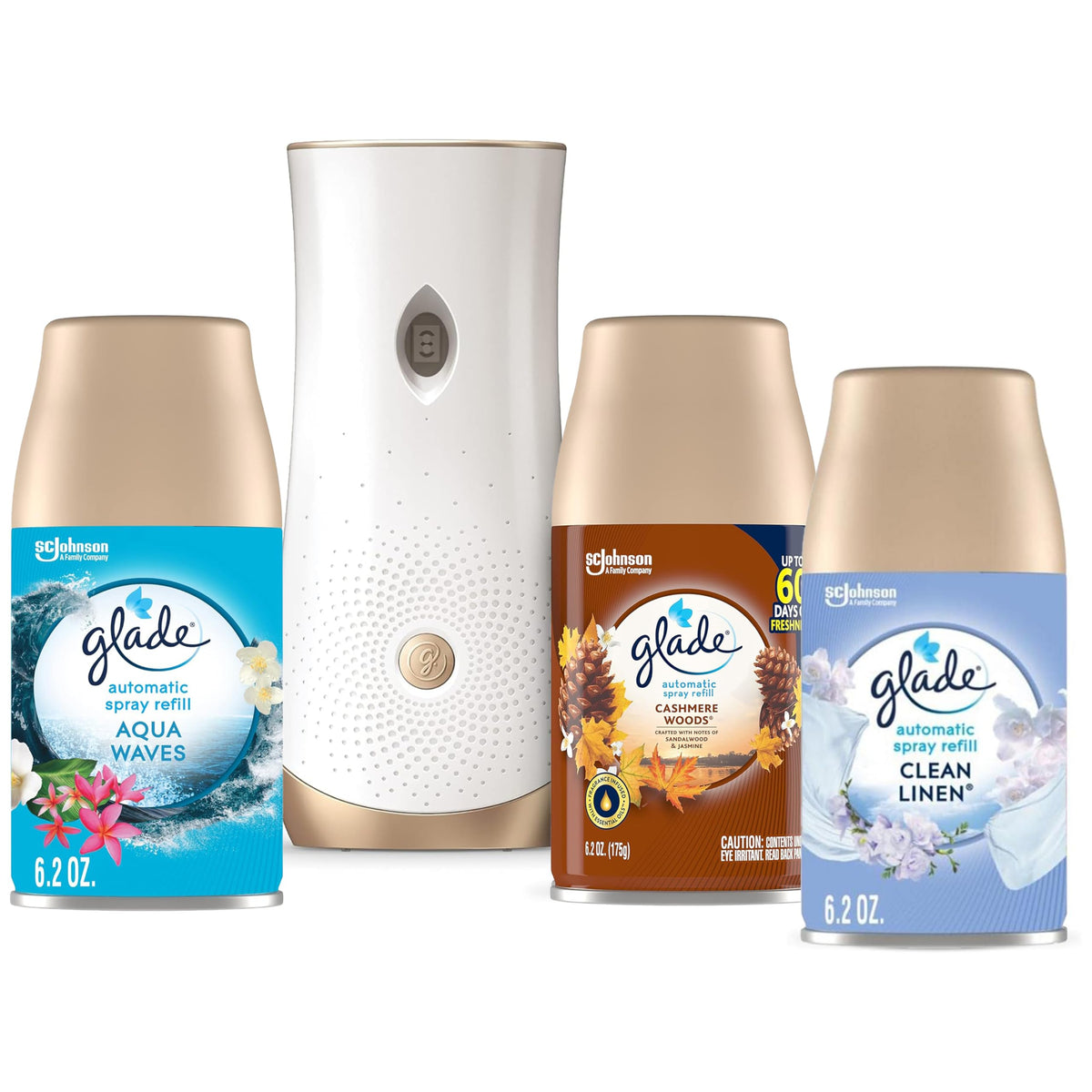 Glade Automatic Spray Variety Pack, 6.2 oz, Aqua Waves, Cashmere Woods & Clean Linen, 8 Ounce (Pack of 1)