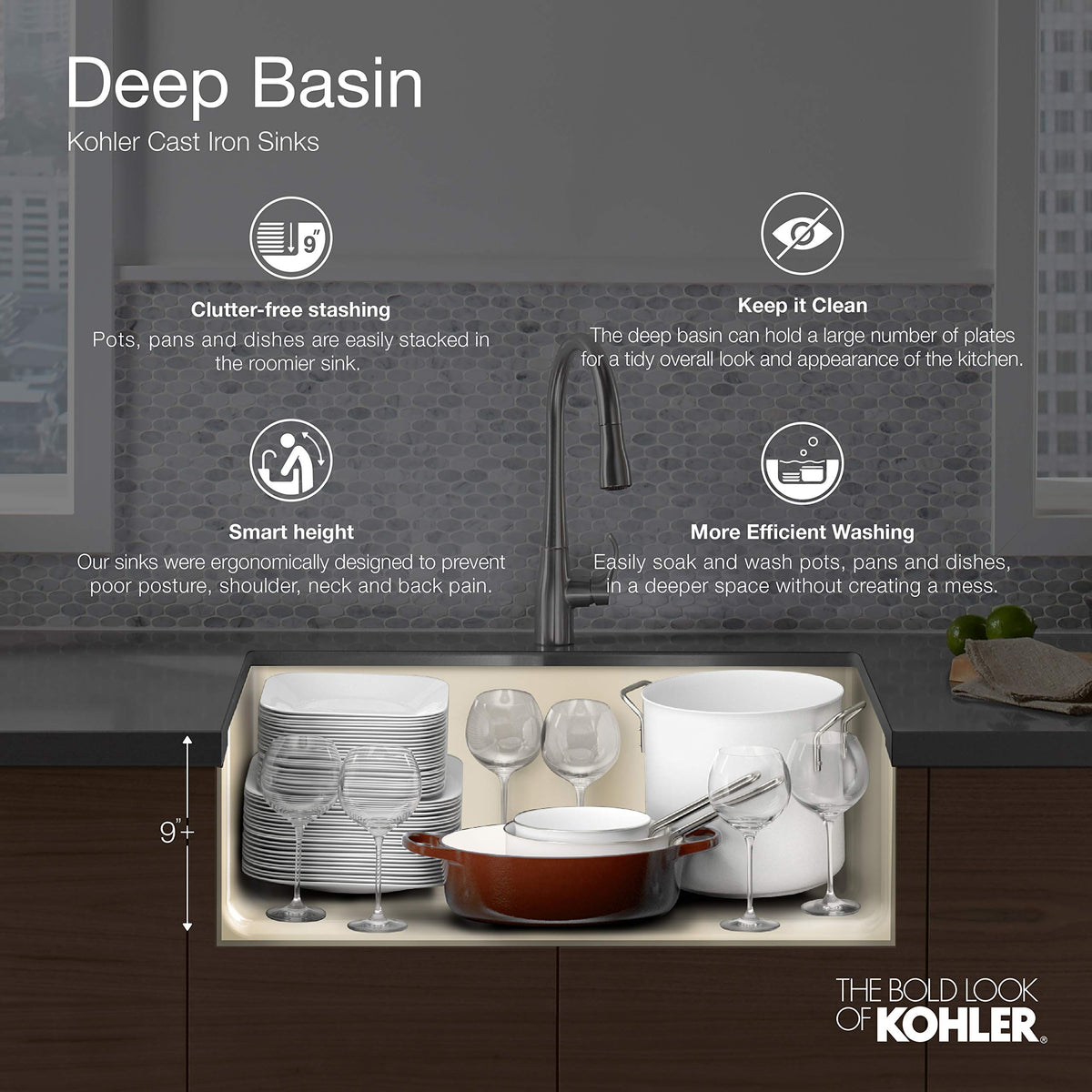 KOHLER K-5826-95 Whitehaven Farmhouse Self-Trimming Undermount Single-Bowl Sink with Short Apron, Ice Grey