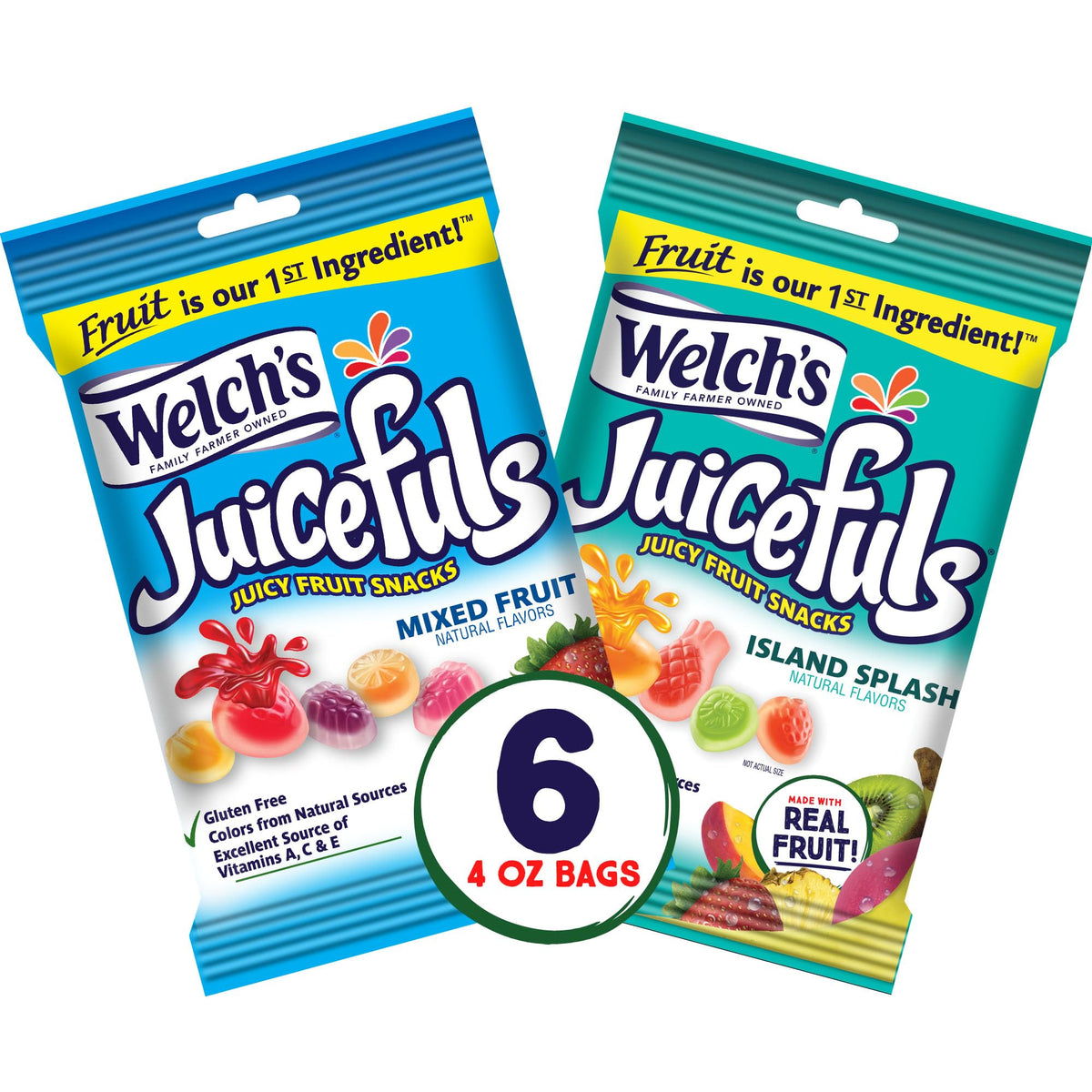 Welch's Juicefuls Juicy Fruit Snacks, Mixed Fruit & Island Splash Fruit Gushers Variety Pack, Perfect for School Lunches, Gluten Free, 4 oz Sharing Size Bags (Pack of 6)