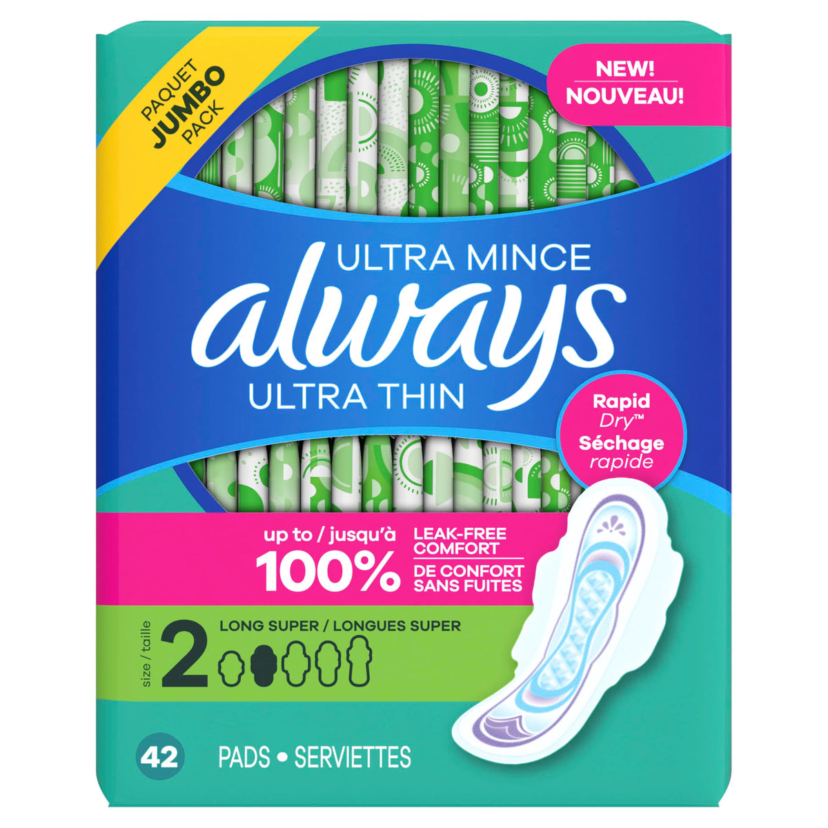 Always Ultra Thin Pads with Wings, Size 2, Long Super, 42 Count