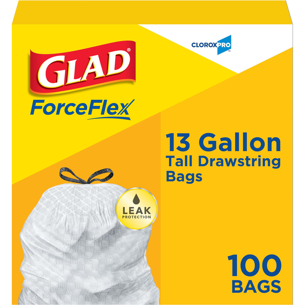 CloroxPro Glad ForceFlex 13 Gallon Tall Kitchen Drawstring Trash Bags, 100 Count (Package May Vary)