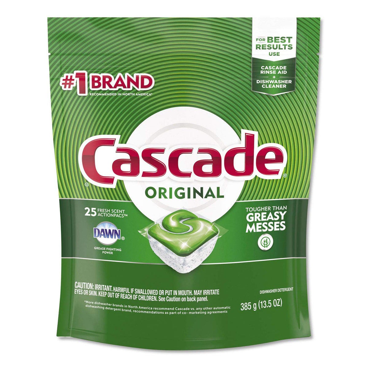 Cascade ActionPacs, Fresh Scent, 13.5 oz Bag, 25/Pack, 5 Packs/Carton