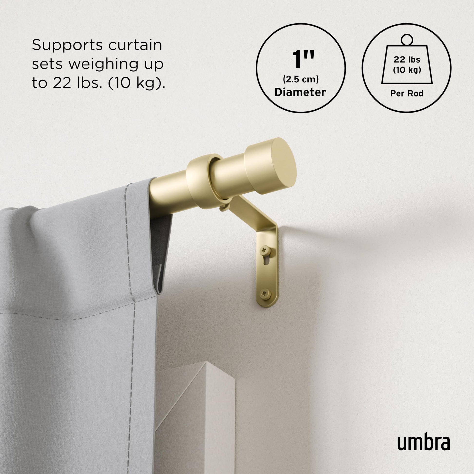 Umbra Cappa Curtain Rod, Includes 2 Matching Finials, Brackets & Hardware, 120 to 180-Inches, Gold
