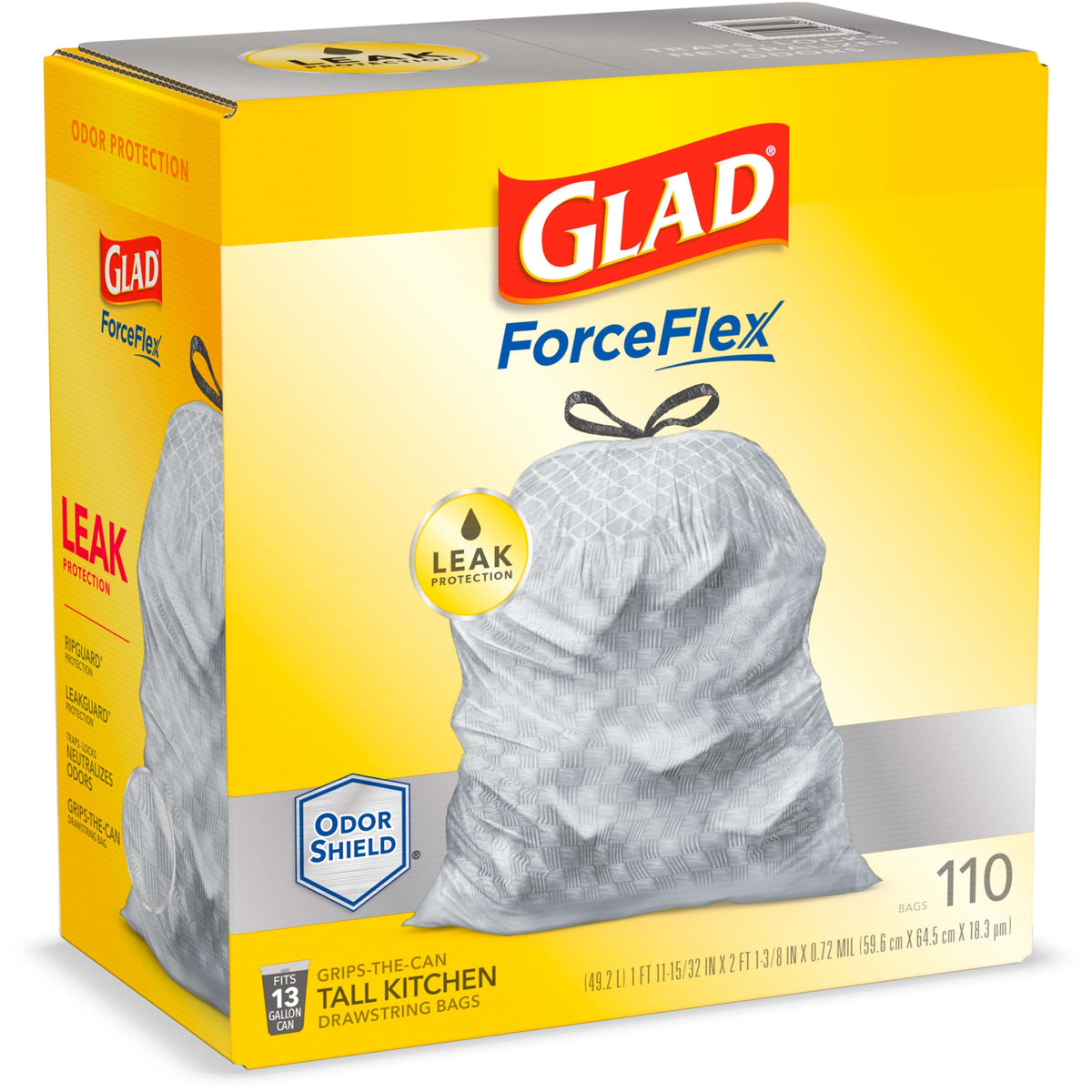 Glad ForceFlex Tall Kitchen Drawstring Trash Bags 13 Gallon Grey Trash Bag, Unscented 110 Count (Package May Vary)