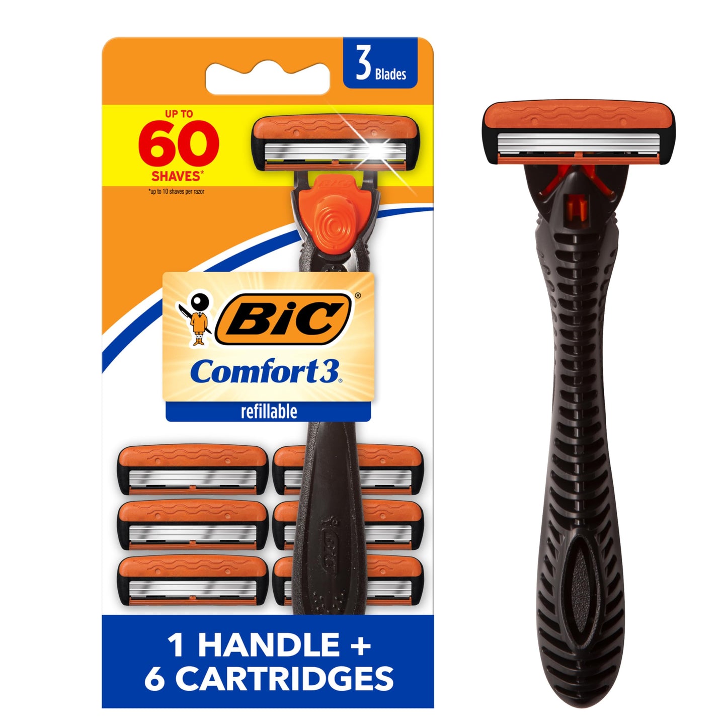 BIC Comfort 3 Refillable Three-Blade Disposable Razor for Men, Sensitive Skin Razor For a Comfortable Shave, 1 Handle and 6 Cartridges, 7 Piece Razor Set