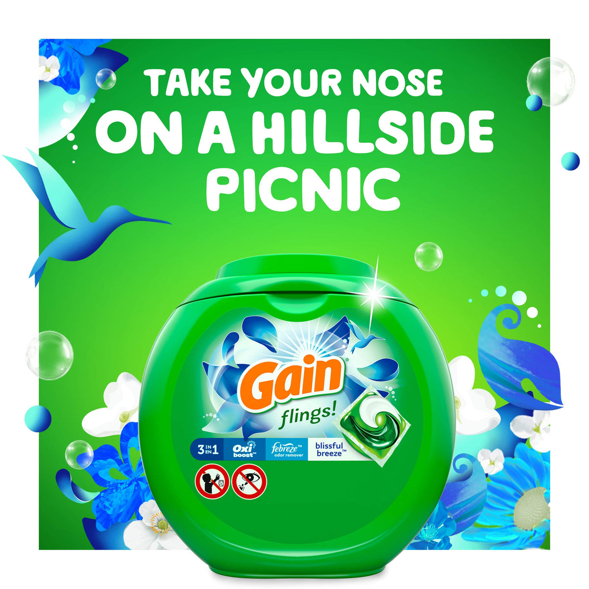 Gain Flings! Liquid Laundry Detergent Pacs, Blissful Breeze, 81 Count