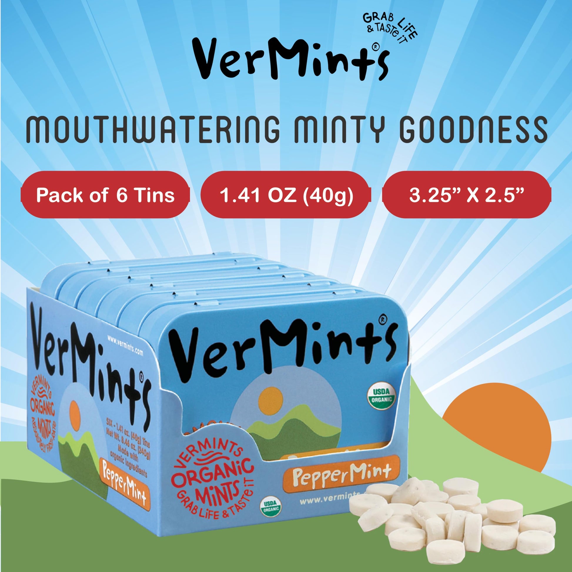 Organic Breath Mints by VerMints, PepperMint Flavor, All Natural, Non-GMO, Nut Free, Gluten Free, Vegan, KSA Kosher, Pack of 6, 1.41oz Tins