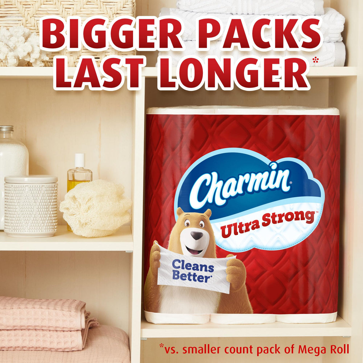 Charmin Ultra Strong Toilet Paper Mega Rolls, 4" x 3-15/16", White, 220 Sheets Per Roll, Pack Of 18 Mega Rolls