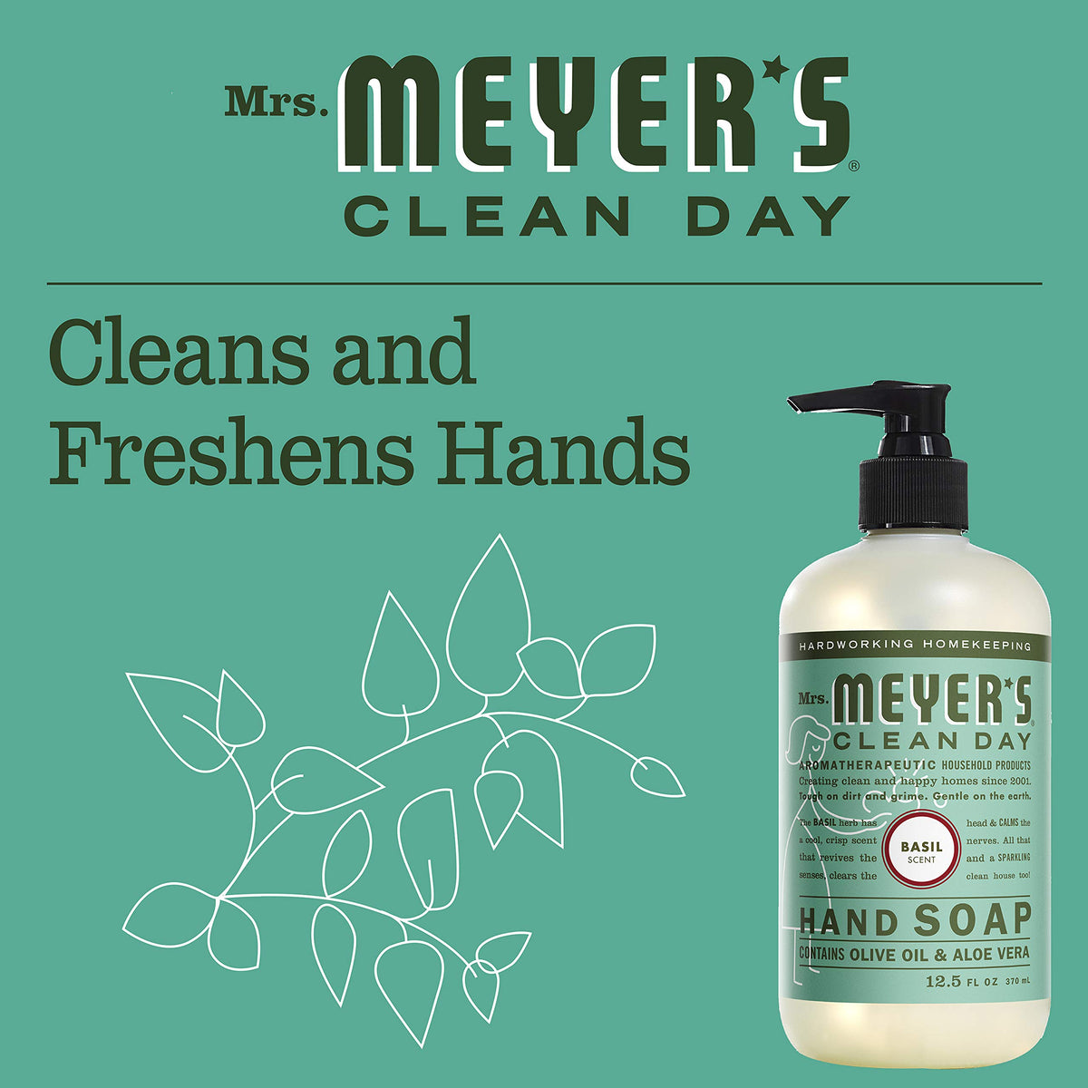MRS. MEYER'S CLEAN DAY Hand Soap, Made with Essential Oils, Biodegradable Formula, Basil, 12.5 Fl. Oz