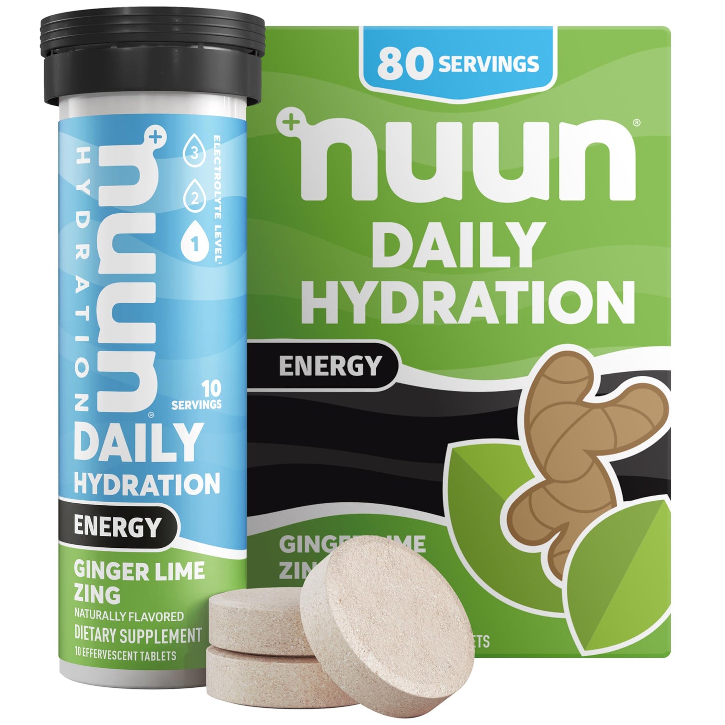 Nuun Hydration Energy Electrolyte Tablets with Caffeine, B Vitamins and Ginseng, Ginger Lime Zing, 5 Essential Electrolytes for Hydration, Vegan, Non-GMO, 8 Pack (80 Servings)