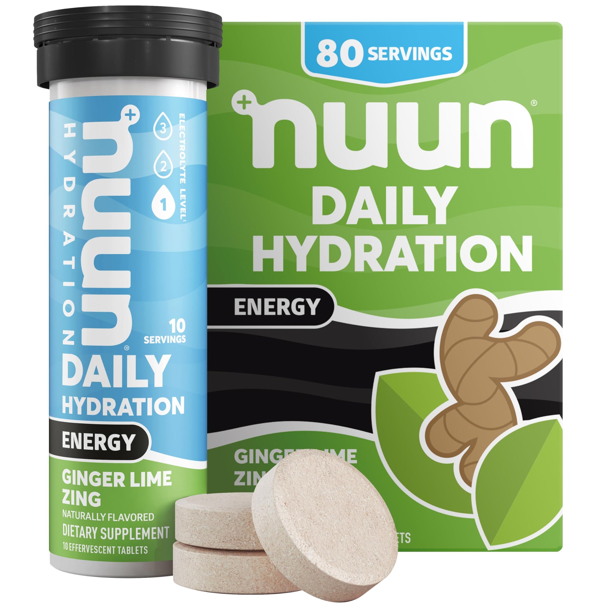 Nuun Hydration Energy Electrolyte Tablets with Caffeine, B Vitamins and Ginseng, Ginger Lime Zing, 5 Essential Electrolytes for Hydration, Vegan, Non-GMO, 8 Pack (80 Servings)