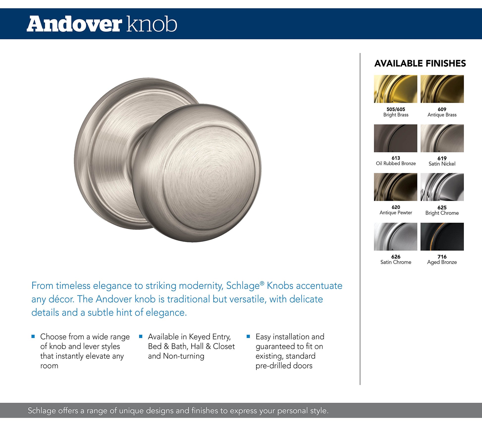 SCHLAGE Knob with SCHLAGE Trim Non-Turning Lock, Aged Bronze (F170 AND 716 AND)