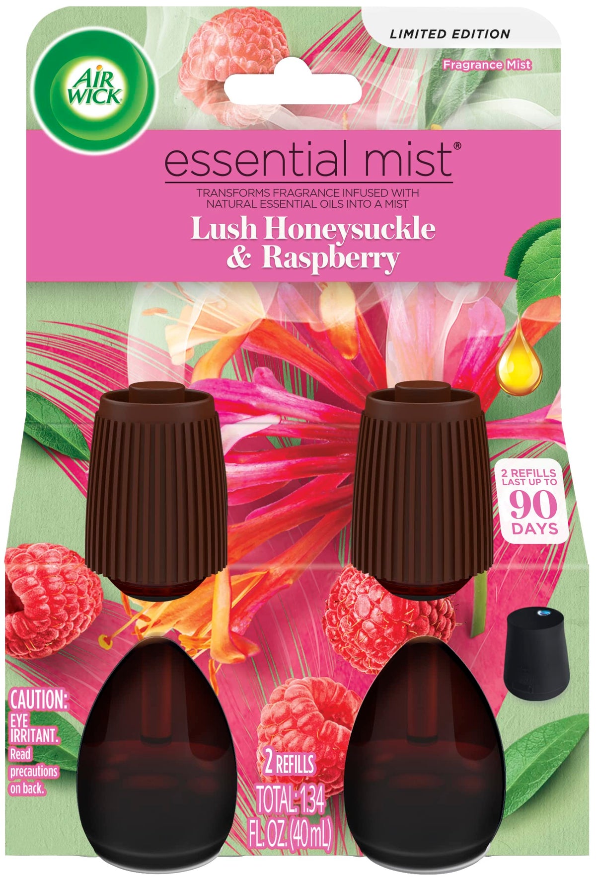 Air Wick Essential Mist Refill, 2 ct, Lush Honeysuckle & Raspberry, Essential Oils Diffuser, Air Freshener