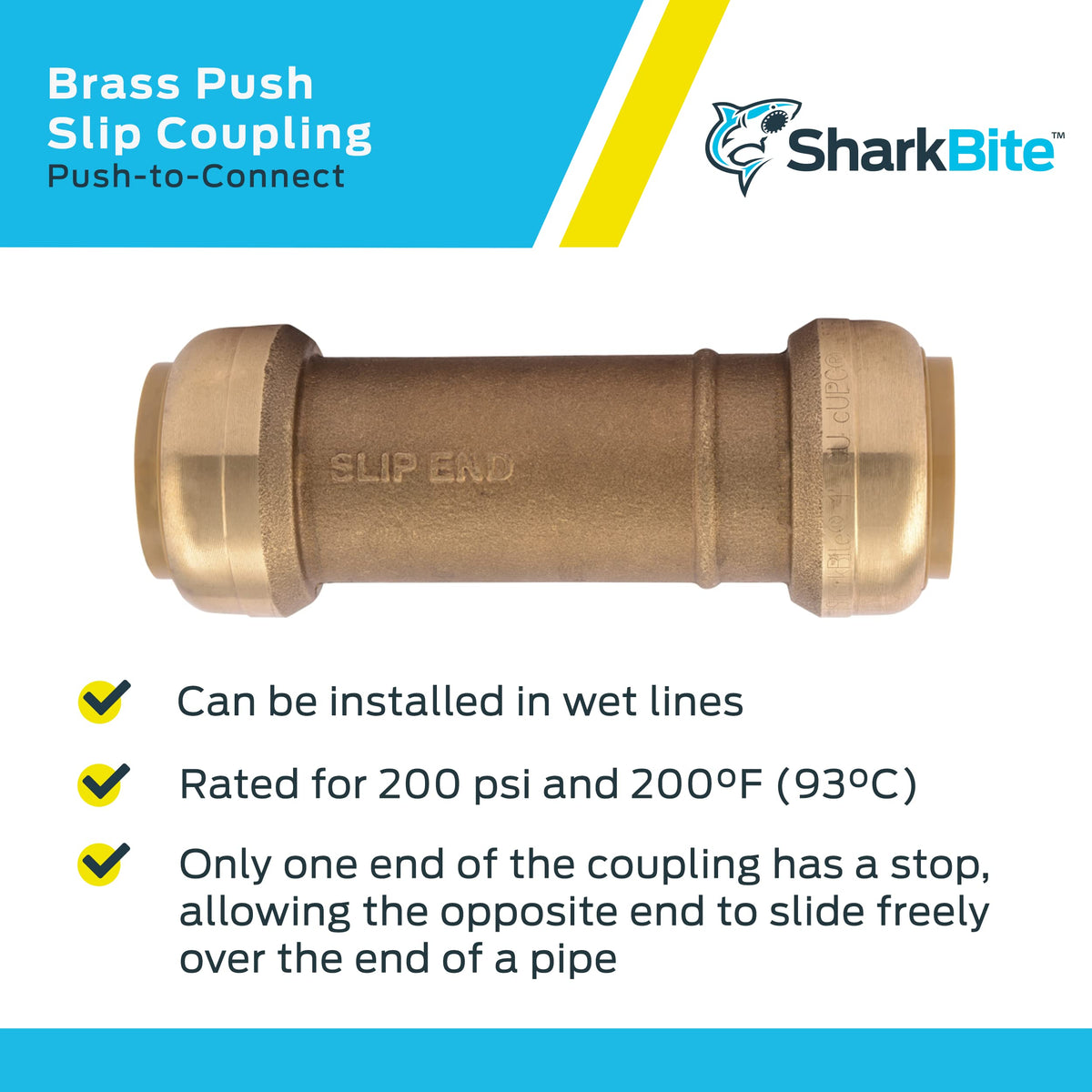 SharkBite 1 Inch Slip Coupling, Push to Connect Brass Plumbing Fitting, PEX Pipe, Copper, CPVC, PE-RT, HDPE, U3020LF