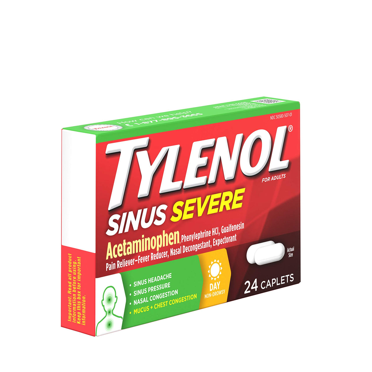 Tylenol Sinus Severe Daytime Caplets with Acetaminophen, Guaifenesin & Phenylephrine HCl, 24 ct (Pack of 2)