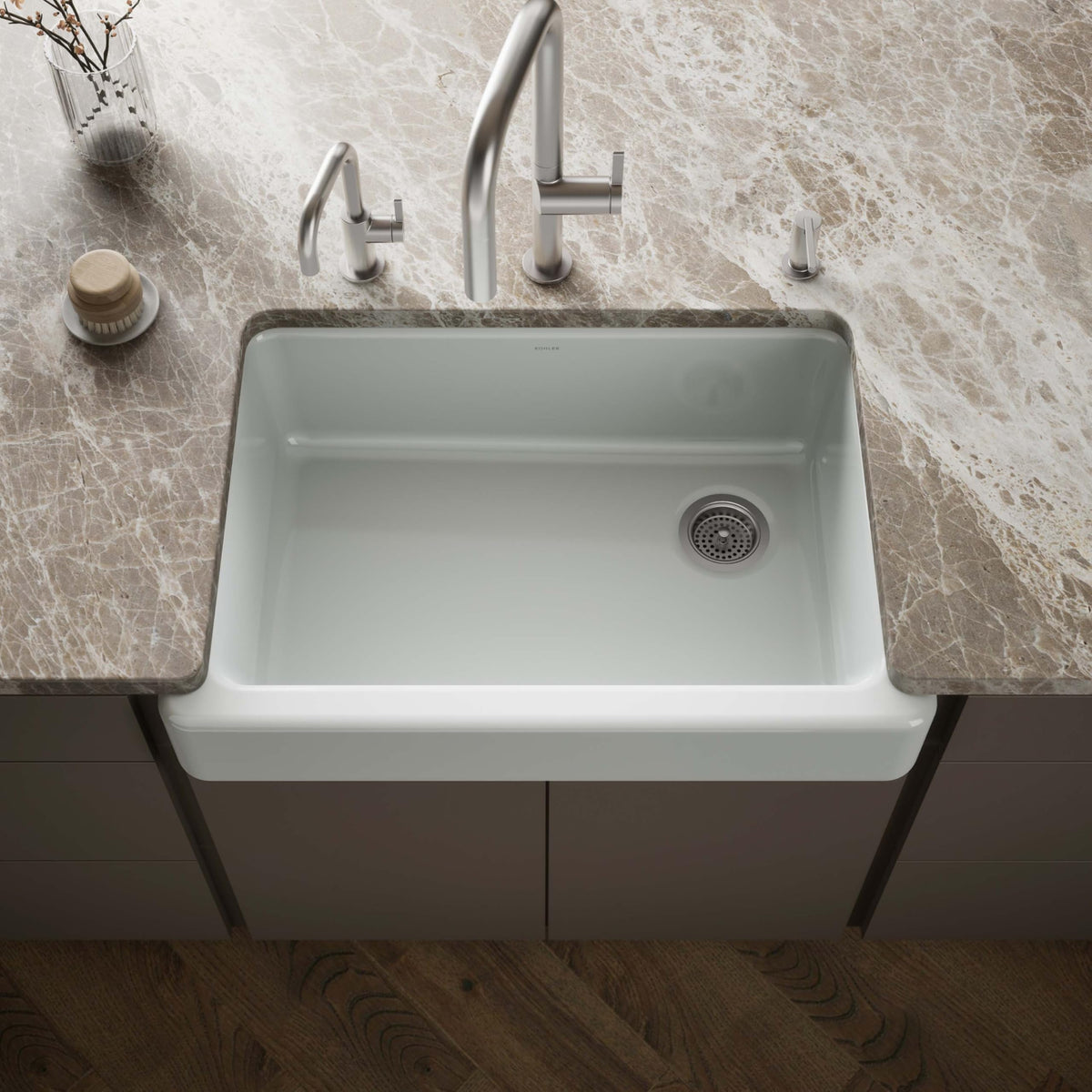 KOHLER K-5826-95 Whitehaven Farmhouse Self-Trimming Undermount Single-Bowl Sink with Short Apron, Ice Grey