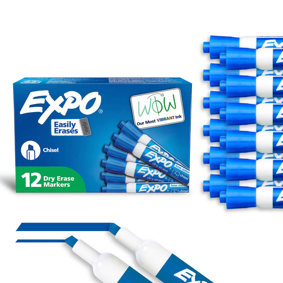 EXPO Low Odor Dry Erase Markers, Chisel Tip, Blue, 12 Count